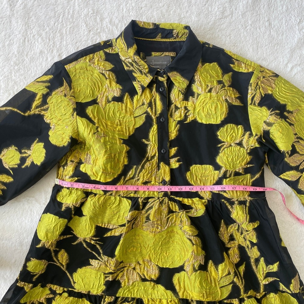 Anthropologie Bettina Jacquard Tiered Mini Shirt Dress Black Gold Floral Medium - Picture 8 of 12